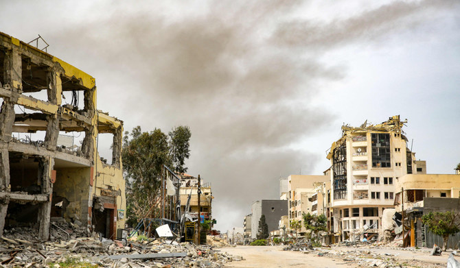 Smoke rises during an Israeli strike in the vicinity of the Al-Shifa hospital in Gaza City on March 28, 2024, amid the ongoing conflict between Israel and the Palestinian Hamas group. (AFP)