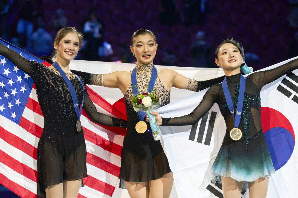 The 23-year-old from Kobe is the first woman since American Peggy Flemming in 1966, 1967 and 1968 to win three straight world golds, her triumph at the Centre Bell capping an unbeaten 2023-24 campaign. (AFP)