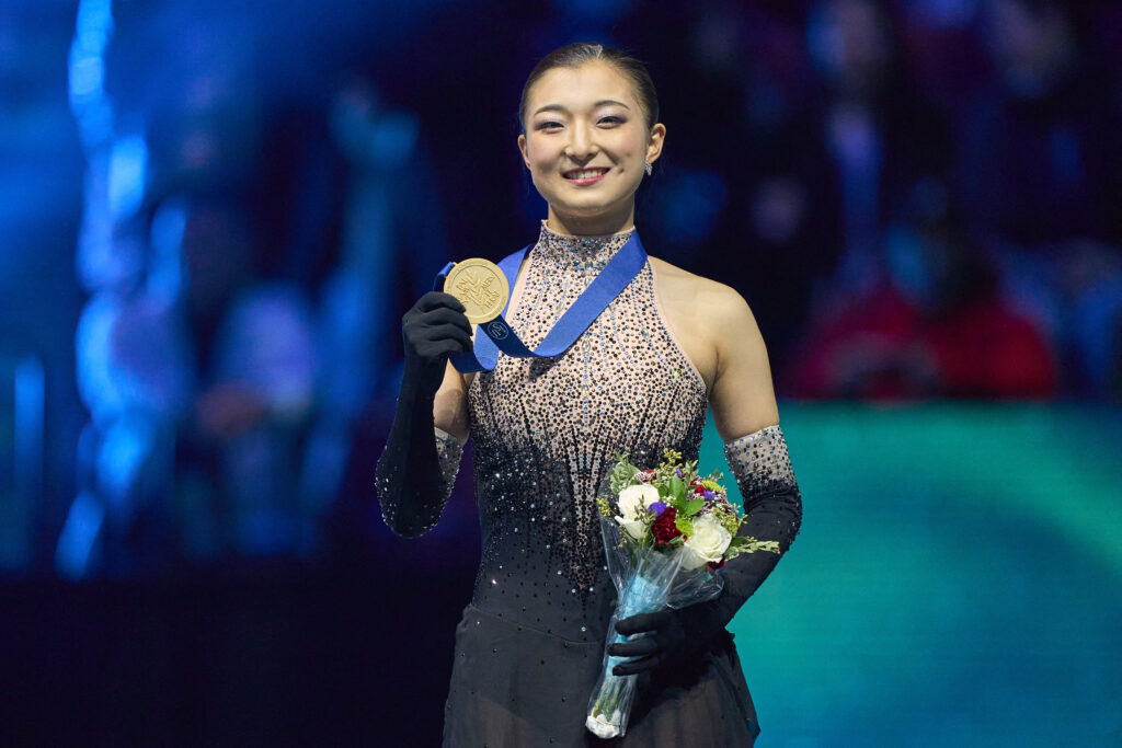 The 23-year-old from Kobe is the first woman since American Peggy Flemming in 1966, 1967 and 1968 to win three straight world golds, her triumph at the Centre Bell capping an unbeaten 2023-24 campaign. (AFP)