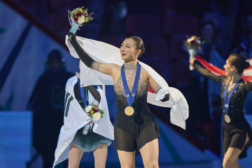 The 23-year-old from Kobe is the first woman since American Peggy Flemming in 1966, 1967 and 1968 to win three straight world golds, her triumph at the Centre Bell capping an unbeaten 2023-24 campaign. (AFP)