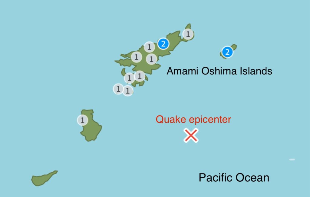 The epicenter of the quake was in the ocean to the east of Amami Oshima, at a depth of 70 kilometers. (JMA)