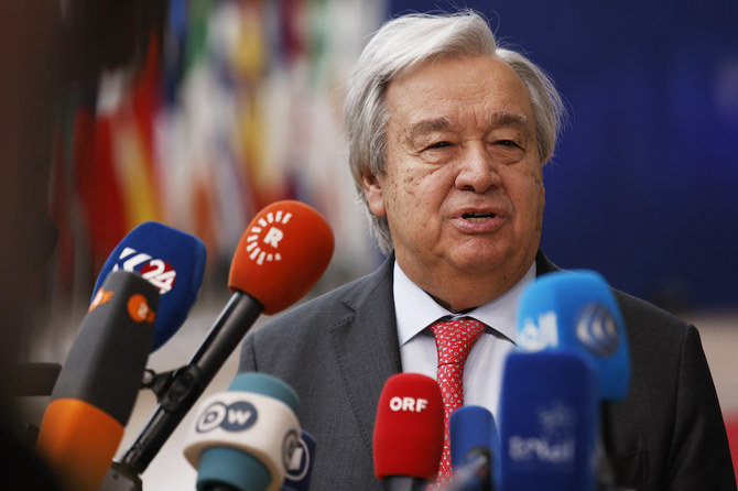 UN Secretary General Antonio Guterres speaks with the media as he arrives for a EU Summit in Brussels, March 21, 2024. (AP)