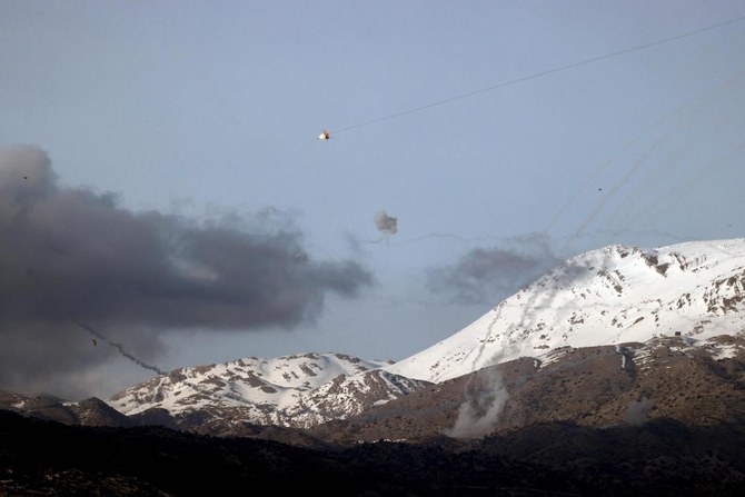 This picture taken from a position in northern Israel shows Israel's Iron Dome missile defence system intercepting rockets fired from south Lebanon over the Har Dove area amid increasing cross-border tensions between Lebanon's Hezbollah and Israel. (File/AFP)