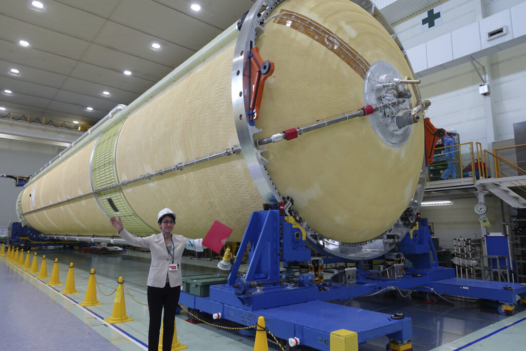 Japan's space agency announced Friday, April 26, that it will launch its new flagship rocket H3 on June 30 carrying an observation satellite for disaster response and security purposes, a key mission that it had failed in its debut flight last year.(AP Photo/Mari Yamaguchi)