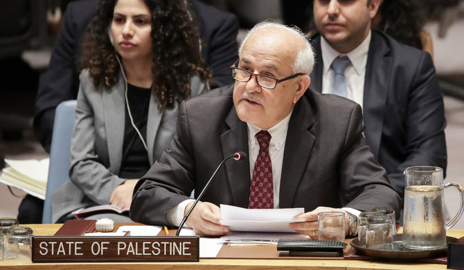 Permanent Observer of Palestine to the United Nations Riyad Mansour speaks during a United Nations Security Council meeting at UN Headquarters, in New York City. (AFP file photo)