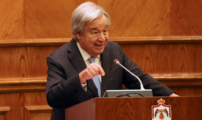 United Nations Secretary-General Antonio Guterres speaks to the press after a meeting with Jordan's Foreign Minister at the Foreign Ministry in Amman, on March 25, 2024. (AFP)