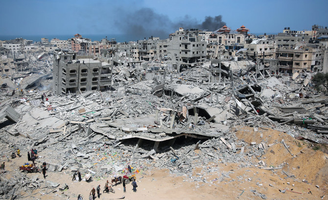 A general view shows the damage in the area surrounding Gaza's Al-Shifa hospital after the Israeli military withdrew from the complex housing the hospital on April 1, 2024. (AFP)