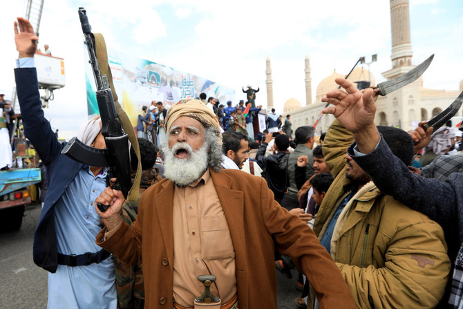 Armed supporters of Yemen's Houthi movement attend a gathering to mark annual Quds (Jerusalem) Day commemorations in Sanaa on April 5, 2024. (AFP)