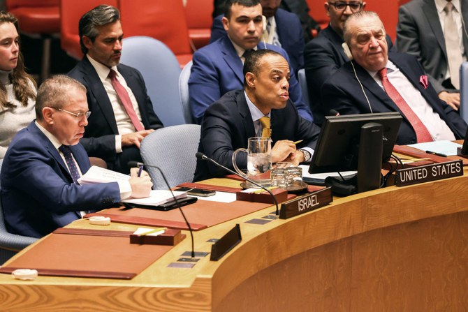Israel's Ambassador to the UN Gilad Erdan, center, speaks during a UN Security Council emergency meeting on the risk of famine and attacks on humanitarian workers in Gaza, at UN headquarters in New York on April 5, 2024. (AFP/File)