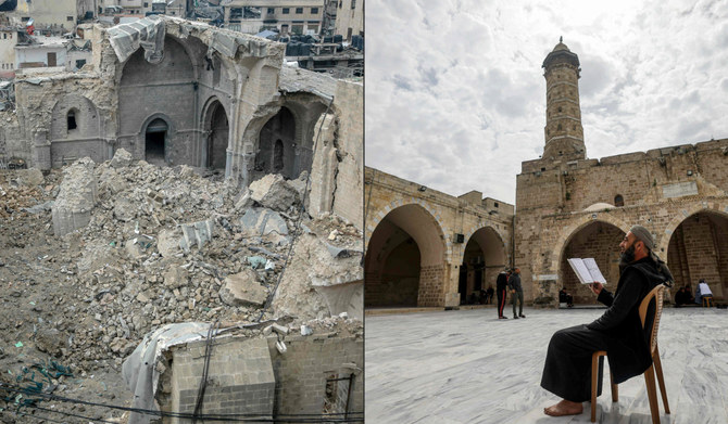 This combination of pictures created on January 11, 2024, shows Gaza City's Omari Mosque on January 5, 2024, the oldest mosque in Gaza, damaged in Israeli bombardment during the ongoing battles between Israel and the Palestinian Hamas movement(L) and a file picture of a Palestinian man reading the Koran in the courtyard of the same mosque on the first day of the Muslim holy month of Ramadan on March 23, 2023. (AFP)