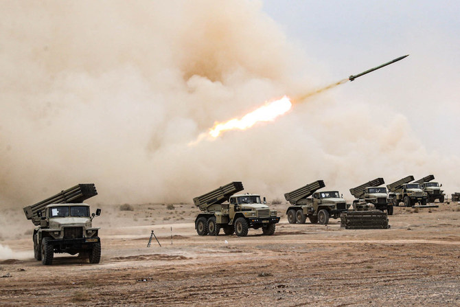 A handout picture provided by the Iranian Army media office on October 28, 2023 shows missiles being launched during a military drill in the Isfahan province in central Iran. Iranian media have reported huge explosions in Isfahan, presumably from an Israeli missile attack. (AFP/File photo)