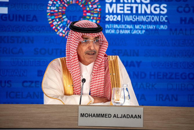 IMFC Chair Mohammed Al-Jadaan speaks at a press briefing at the plenary session at the IMF and World Bank's 2024 annual Spring Meetings. (Reuters)