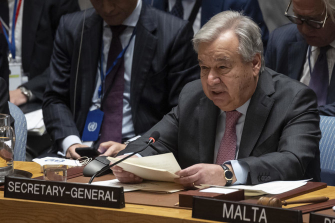 United Nations Secretary-General Antonio Guterres speak during a Security Council meeting at the United Nations headquarters, Thursday, April 18, 2024. (AP Photo/Yuki Iwamura)