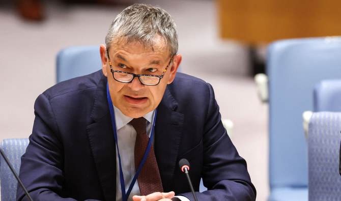 UN Relief and Works Agency (UNRWA) Commissioner General Philippe Lazzarini speaks during a United Nations Security Council meeting on UNRWA at UN headquarters in New York on April 17, 2024. (AFP)
