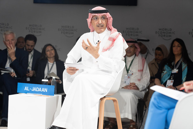 Above, Mohammed Al-Jadaan, Saudi Arabia’s minister of finance, speaks during the special two-day World Economic Forum meeting in Riyadh. (WEF)