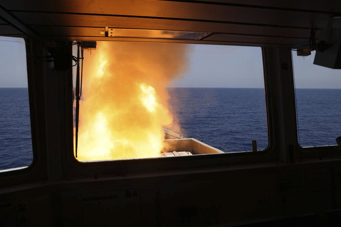 A Sea Viper missile is launched from HMS Diamond targeting a projectile fired by the Iranian-backed Houthis from Yemen, Wednesday, April 24, 2024. (AP Photo)