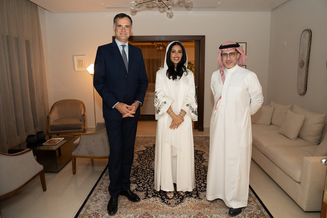 EU Ambassador to Saudi Arabia Christophe Farnaud, Princess Lama Al-Saud, and Arab News Editor-in-Chief Faisal Abbas attend the special screening of the film “Horizon”. (AN photo/ Huda Bashatah)