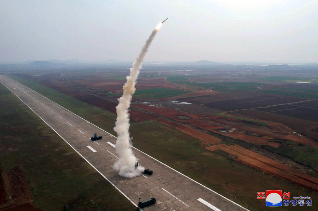 This picture taken on April 19, 2024 and released from North Korea's official Korean Central News Agency (KCNA) on April 20, 2024 shows the DPRK Missile Administration conducting a test launch of 
