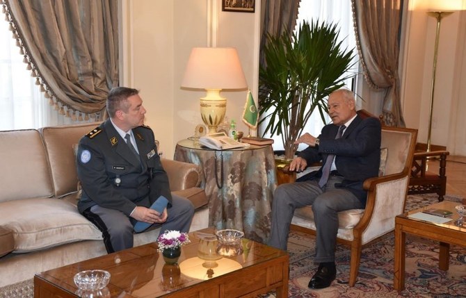 Maj. Gen. Patrick Gauchat meets with Ahmed Aboul Gheit in Cairo. (X/@arableague_gs)