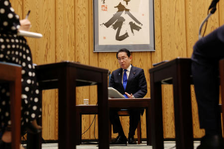 Japan's Prime Minister Fumio Kishida speaks at a group interview ahead of a planned summit next week with US President Joe Biden, in Tokyo, Japan April 5, 2024. (Reuters)