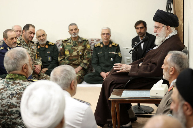 Iran’s Supreme Leader Ayatollah Ali Khamenei speaks to a group commanders of the Iranian armed forces in Tehran on on April 21, 2024. (Khamenei.ir/AFP)