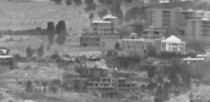 Screenshot from IDF video of the Lebanese village of Khiam, seconds before a Hezbollah sit in the village was hit by an airstrike. (Screenshot/IDF)