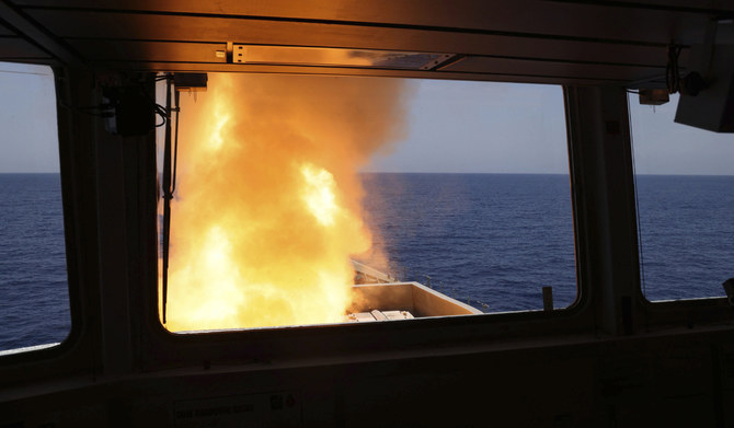 In this photo provided by the Ministry of Defence (MoD), a Sea Viper missile is launched from HMS Diamond to shoot down a missile fired by the Iranian-backed Houthis from Yemen, Wednesday, April 24, 2024. (AP)