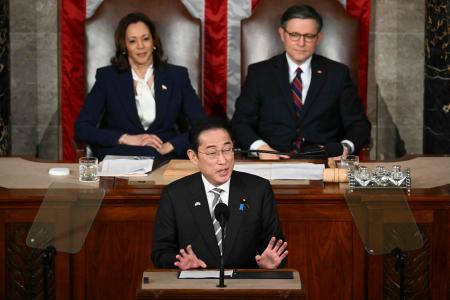 Japanese Prime Minister Fumio Kishida addresses a joint meeting of Congress at the US Capitol in Washington, DC, April 11, 2024.  (AFP)