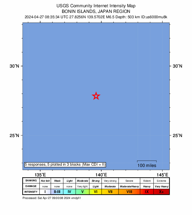 The quake was at a depth of 503.2 km (312.7 miles) (USGS)