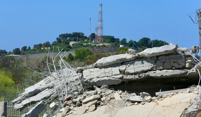 This picture staken from the southern Lebanese village of Alma al-Shaab shows the Israeli military post of Hanita near the border on April 17, 2024, amid ongoing cross-border tensions as fighting continues between Israel and Palestinian Hamas militants in the Gaza Strip. (AFP)