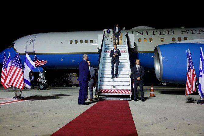 US Secretary of State Antony Blinken disembarks from his plane upon landing at Ben Gurion airport near Tel Aviv on April 30, 2024. Blinken, who is on regional tour, arrived in Israel on April 30 to push for a much awaited ceasefire between Israeli forces and Hamas militants in Gaza. (AFP)