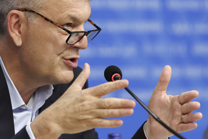 Philippe Lazzarini, Commissioner-General of the United Nations Relief and Works Agency for Palestine Refugees in the Near East (UNRWA), presents an update on the situation in the occupied Palestinian territories during a press conference, at the European headquarters of the United Nations in Geneva, Switzerland, Tuesday, April 30, 2024. (AP)