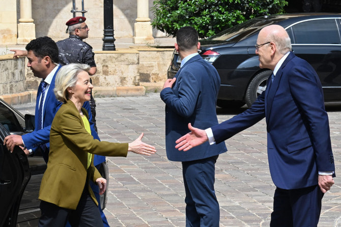 Lebanon's Prime Minister Najib Mikati welcomes European Commission President Ursula von der Leyen at the Grand Serail government headquarters in Beirut on May 2, 2024. (AFP)