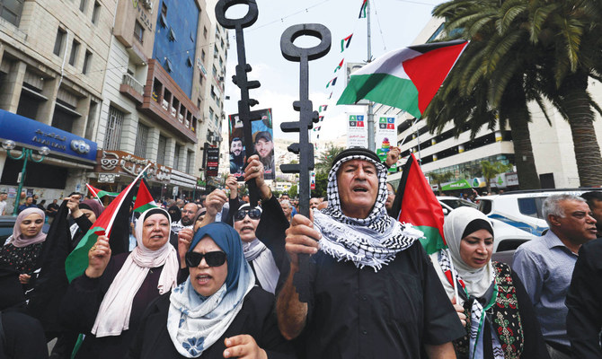 Palestinians hold symbolic keys during a rally in the West Bank city of Nablus, marking the 76th anniversary of the ‘Nakba’ or ‘Catastrophe’ of the creation of Israel, which sparked the exodus of Palestinians in 1948. (AFP)