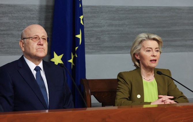 European Commission President Ursula von der Leyen and Lebanon's caretaker Prime Minister Najib Mikati attend a press conference at the government palace in Beirut. (Reuters)