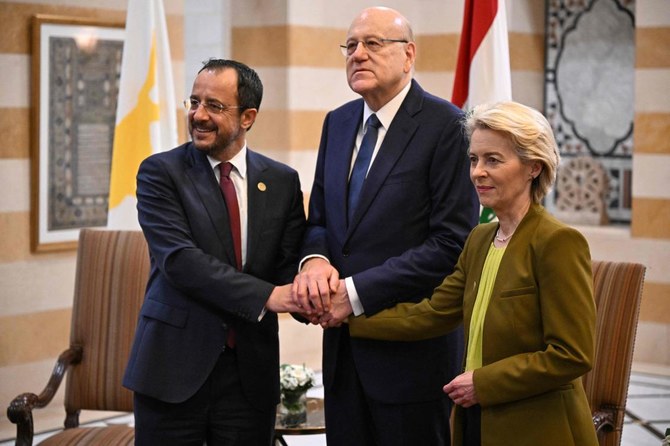 Lebanon’s Prime Minister Najib Mikati receives European Commission President Ursula von der Leyen and Cypriot President Nikos Christodoulides in Beirut on May 2, 2024. (AFP)