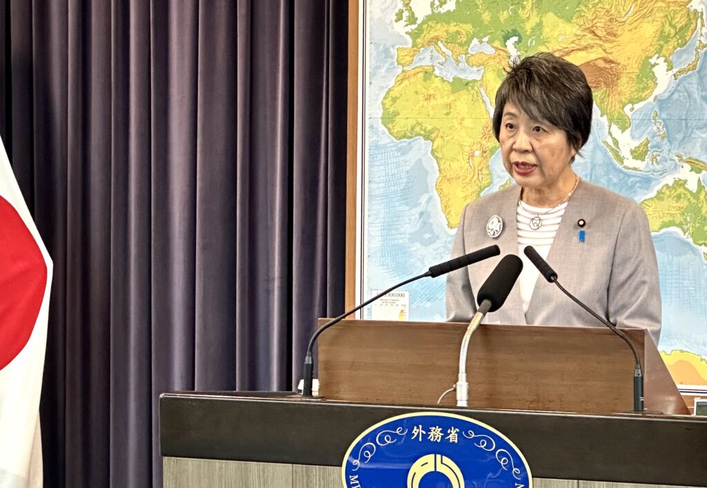 Japanese Foreign Minister KAMIKAWA Yoko speaks at a press conference on Friday. (ANJ) 