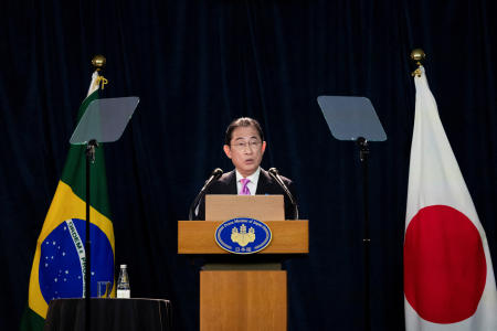 Japan's Prime Minister Fumio Kishida attends a press conference in Sao Paulo, Brazil, on May 4, 2024. (Reuters)