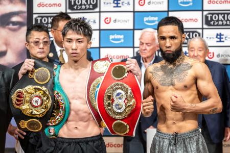 Japan’s Naoya Inoue (left) and Mexico’s Luis pose during the official weigh-in in Tokyo on May 5, 2024 ahead of their super-bantamweight title boxing match. (AFP)