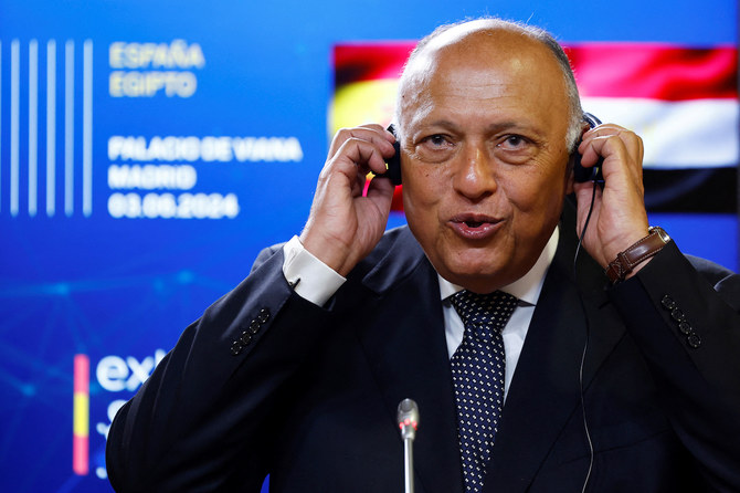 Egyptian Foreign Minister Sameh Shoukry attends a joint press conference with Spanish counterpart Jose Manuel Albares (not pictured) in Madrid, Spain, June 3, 2024. (Reuters)