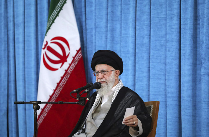 Iranian supreme leader, Supreme Leader Ayatollah Ali Khamenei speaks during a ceremony marking 35th anniversary of late leader of the country Ayatollah Khomeini at his shrine in Tehran, Iran, Monday, June 3, 2024. (File/AP)