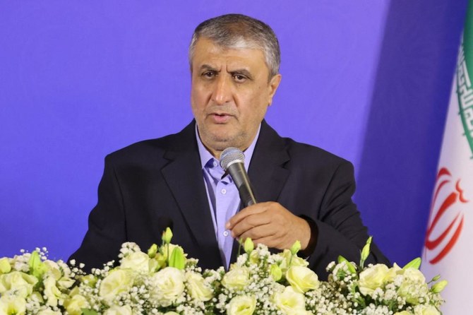 Mohammad Eslami, the head of Iran's atomic energy department, takes part in a press conference with Director General of the International Atomic Energy Agency (IAEA) in Isfahan on May 7, 2024. (AFP)