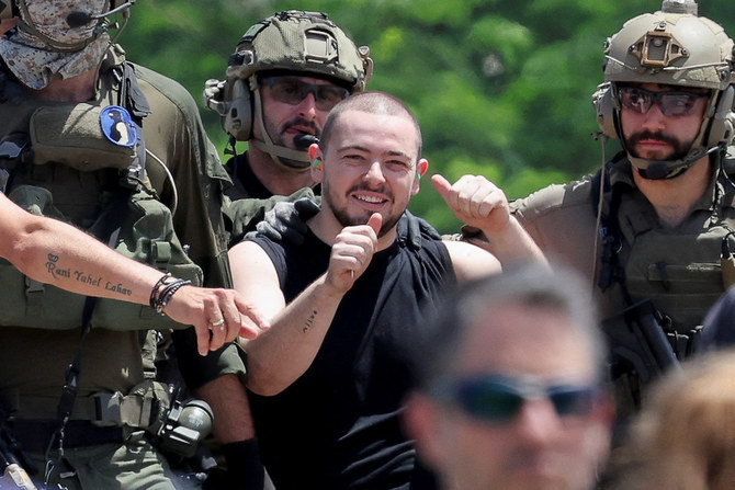 Almog Meir Jan, a released hostage reacts, after the military said that Israeli forces have rescued four hostages alive from the central Gaza Strip on June 8, 2024. (Reuters)