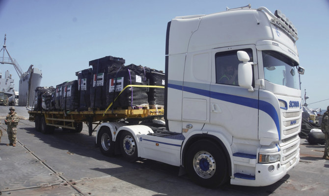 In this photo provided by US Central Command, humanitarian aid arrives in Gaza, Saturday, June 8, 2024. (AP)