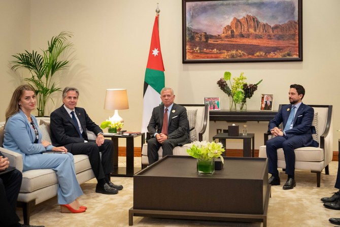Jordan’s King Abdullah III meets with US Secretary of State Antony Blinken. (Petra News Agency)