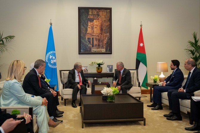 Jordan’s King Abdullah III meets with UN Secretary-General Antonio Guterres. (Petra News Agency)