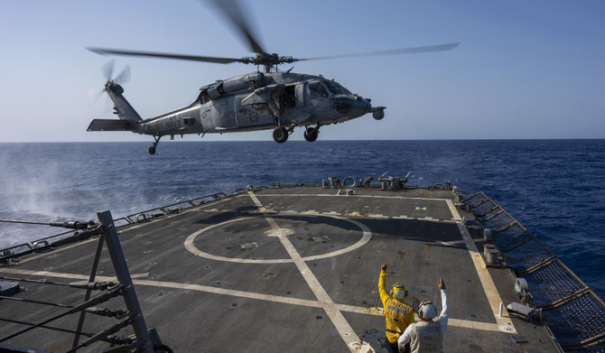 An HSC-7 helicopter lands on the Arleigh Burke-class guided missile destroyer USS Laboon in the Red Sea, Wednesday on June 12, 2024. (AP)