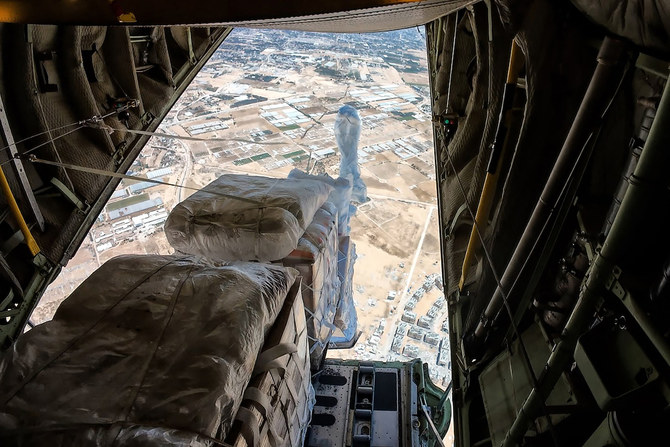 This handout picture released by the Jordanian army shows humanitarian aid being airdropped from a military aircraft over the Gaza Strip on May 30, 2024. (File/AFP)