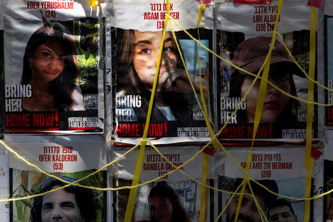 Posters of hostages, kidnapped during the deadly October 7 attack on Israel by Hamas, hang amid the ongoing Israel-Hamas conflict, in Tel Aviv, Israel, June 17, 2024. (Reuters)