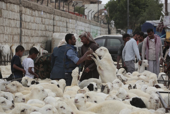 People visit a livestock market in Sanaa, Yemen, before the Eid Al-Adha holiday on June 15, 2024. (AP)